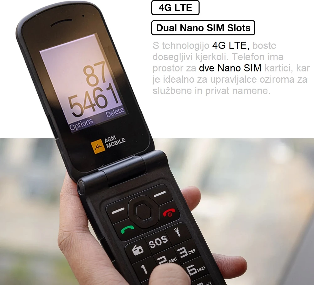 Celular me kapak rezistent AGM Flip M10, 4G LTE, Dual SIM, IP68/IP69K, MIL-STD-810H, butona, i zi