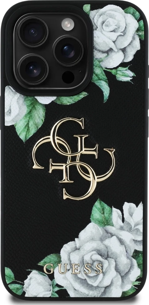 Mbështjellës Guess Grained Roses Big 4G logo për iPhone 16 Pro Max, i zi