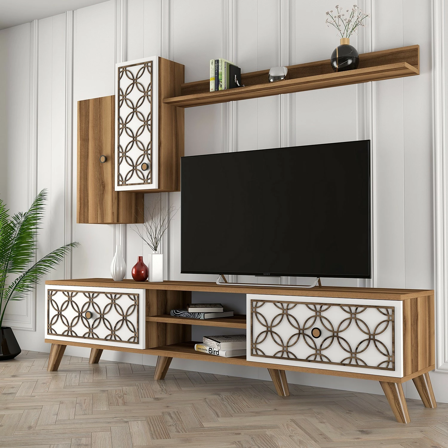 Komodë TV Hanah Home, Class S, ngjyrë arre dhe e bardhë