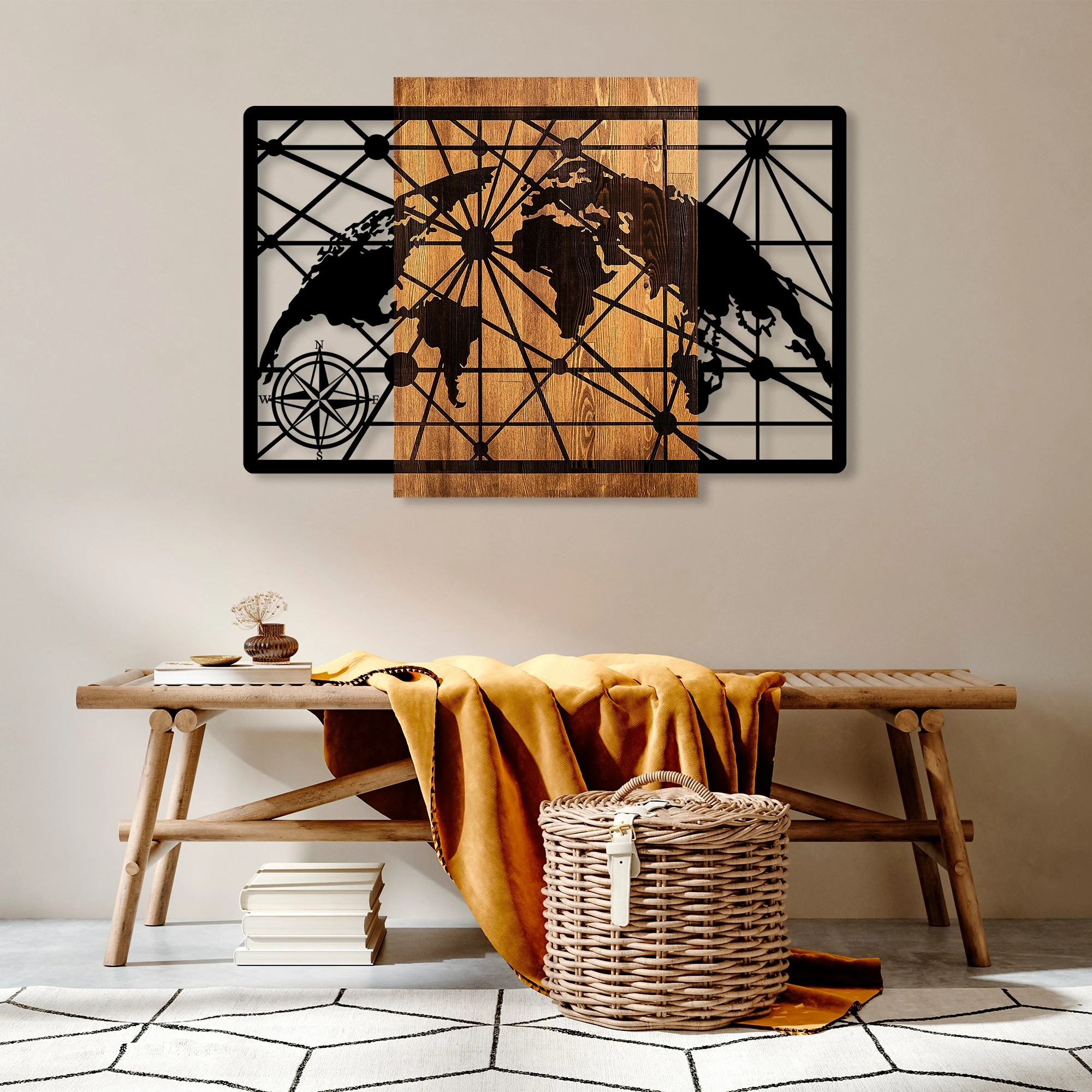 Aksesor dekorativ për mur, hartë bote, dru dhe metal, Wallity, 70x99cm, ngjyrë arre dhe e zezë