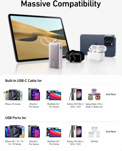 Powerbank ANKER 545 Nano 10000mAh 30W me kabllo USB-C të integruar, e gjelbër