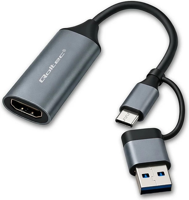 Adapter video Qoltec 53789 USB-C/USB-A në HDMI 4K 30Hz 0.1 m trup alumini, e zezë, gri