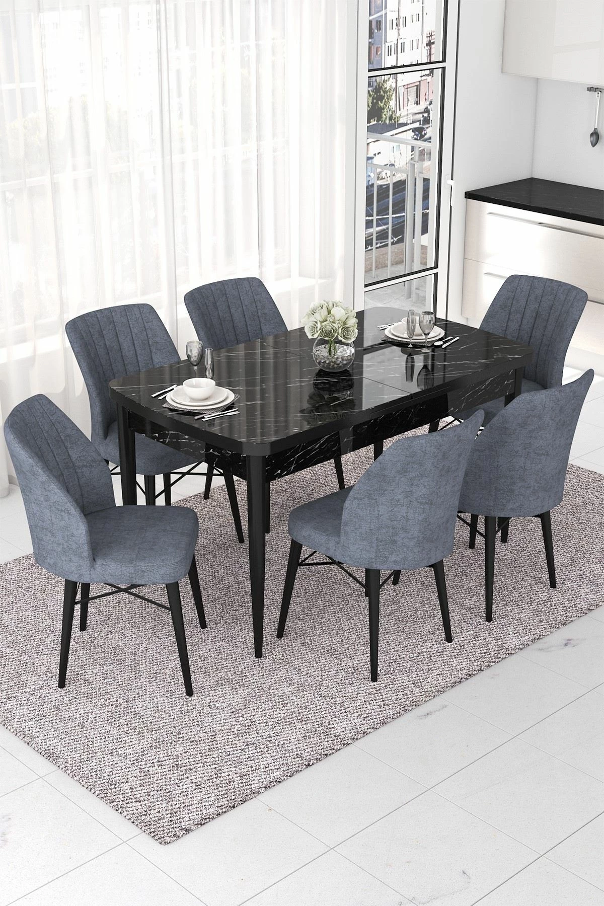 Tavolinë me karrige, zgjatshme, 7 copë, Skye Decor, mermer i zi, fume