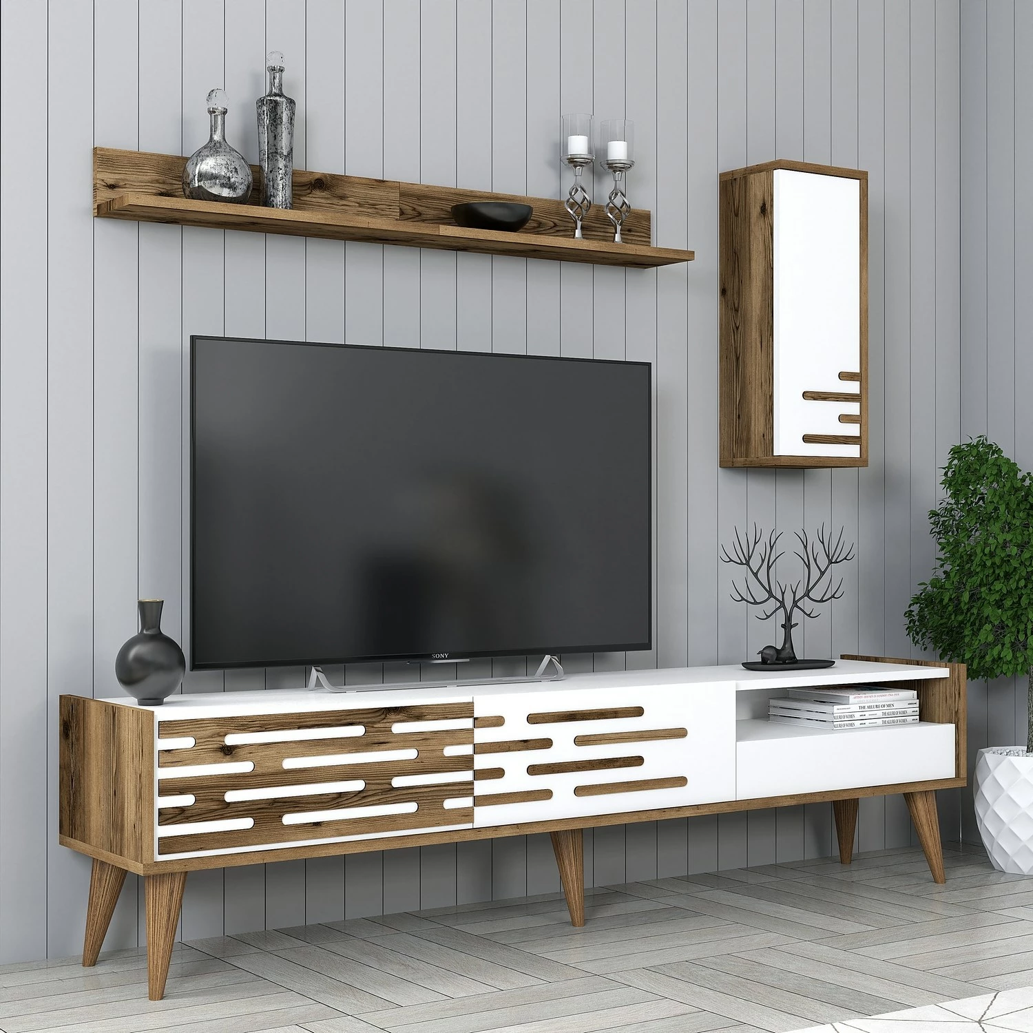 Komodë TV Hanah Home, Valensiya, ngjyrë arre dhe e bardhë