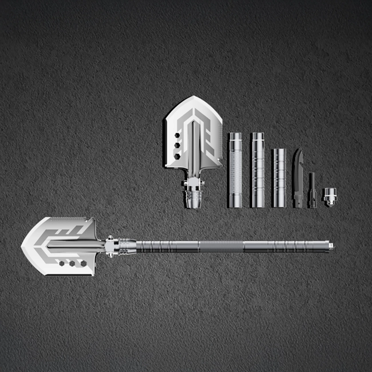 Lopatë multifunksionale palosëse, Wozinsky WSS-211, çelik inox, me thikë & sharrë, thyes xhami, fishkëllimë me çakmak, me këllëf, gri