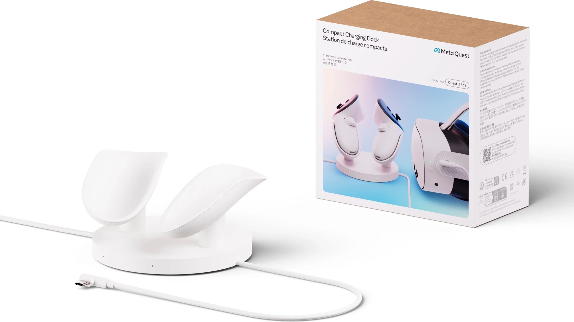 Dock karikimi META Quest 3/3S Compact, USB-C 18W, i bardhë, set me karikues 18W, kabllo të zgjatur dhe bateri Li-ion