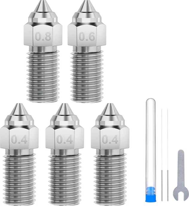 Set grykash çeliku të ngurtësuar Elegoo Neptune 4/4 Pro 50.204.0058, 0.4mm x3 + 0.6mm x1 + 0.8mm x1, me gjilpëra pastrimi x2 + çelës x1 + kuti x1