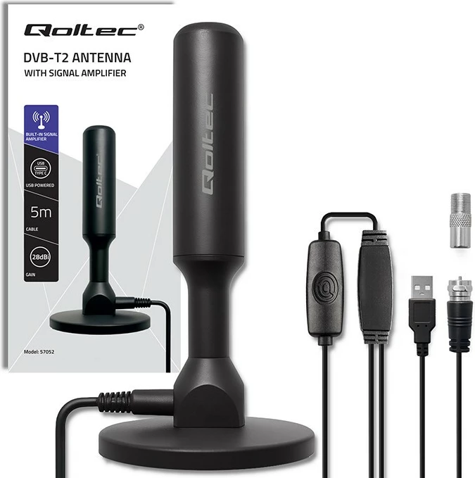 Antenë TV DVB-T2 e brendshme, Qoltec 57052, përforcues sinjali, fitim 28 dBi, VHF/UHF, 4K, kabllo 5 m, F-Male/USB, e zezë