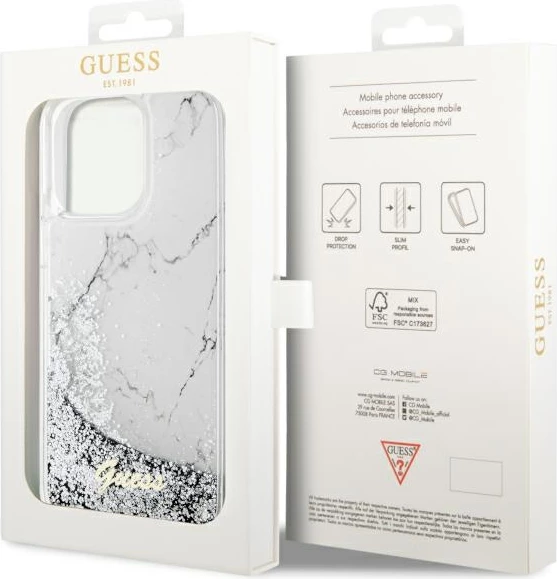 Mbështjellës Guess GUHCP14XLCSGSGH për iPhone 14 Pro Max 6.7", Liquid Glitter Marble, Bardhë