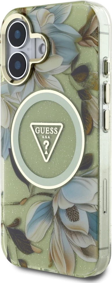 Mbështjellës Guess Glitter Flowers Triangle Buttons MagSafe për iPhone 16, Gjelbër