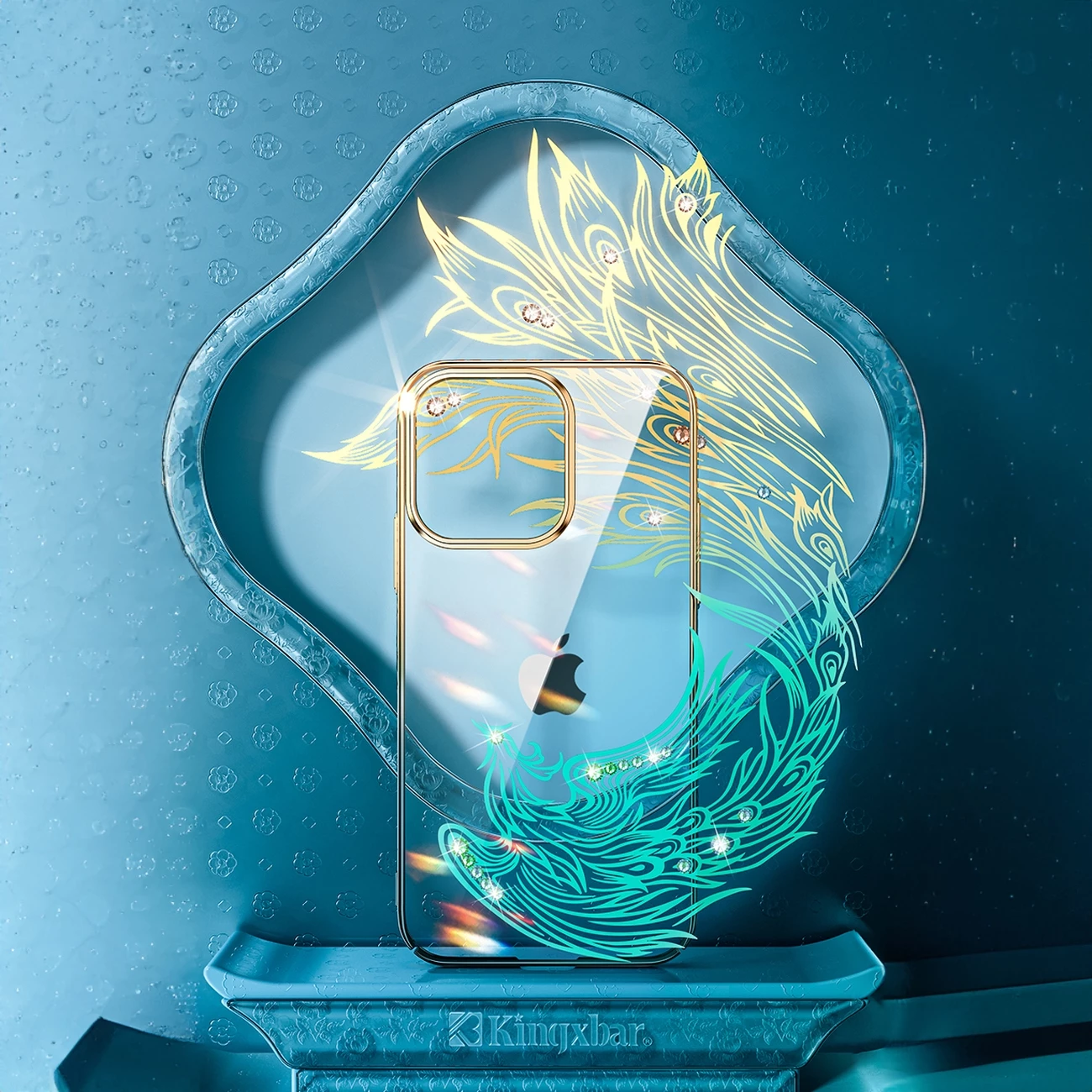Mbështjellës Kingxbar Phoenix për iPhone 14, kristale, ari-blu