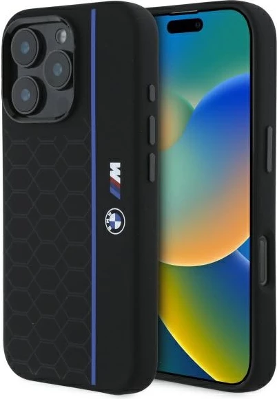 Mbështjellës BMW Silicone Hexagon Blue Line MagSafe për iPhone 16 Pro, i zi