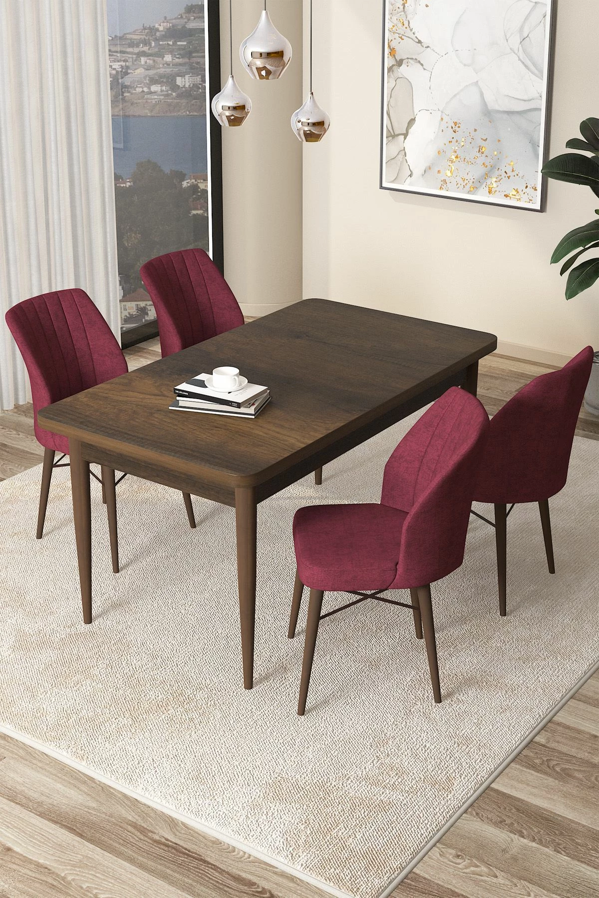 Tavolinë me karrige, 5 copë, ngjyrë barok dhe burgundy, Skye Decor