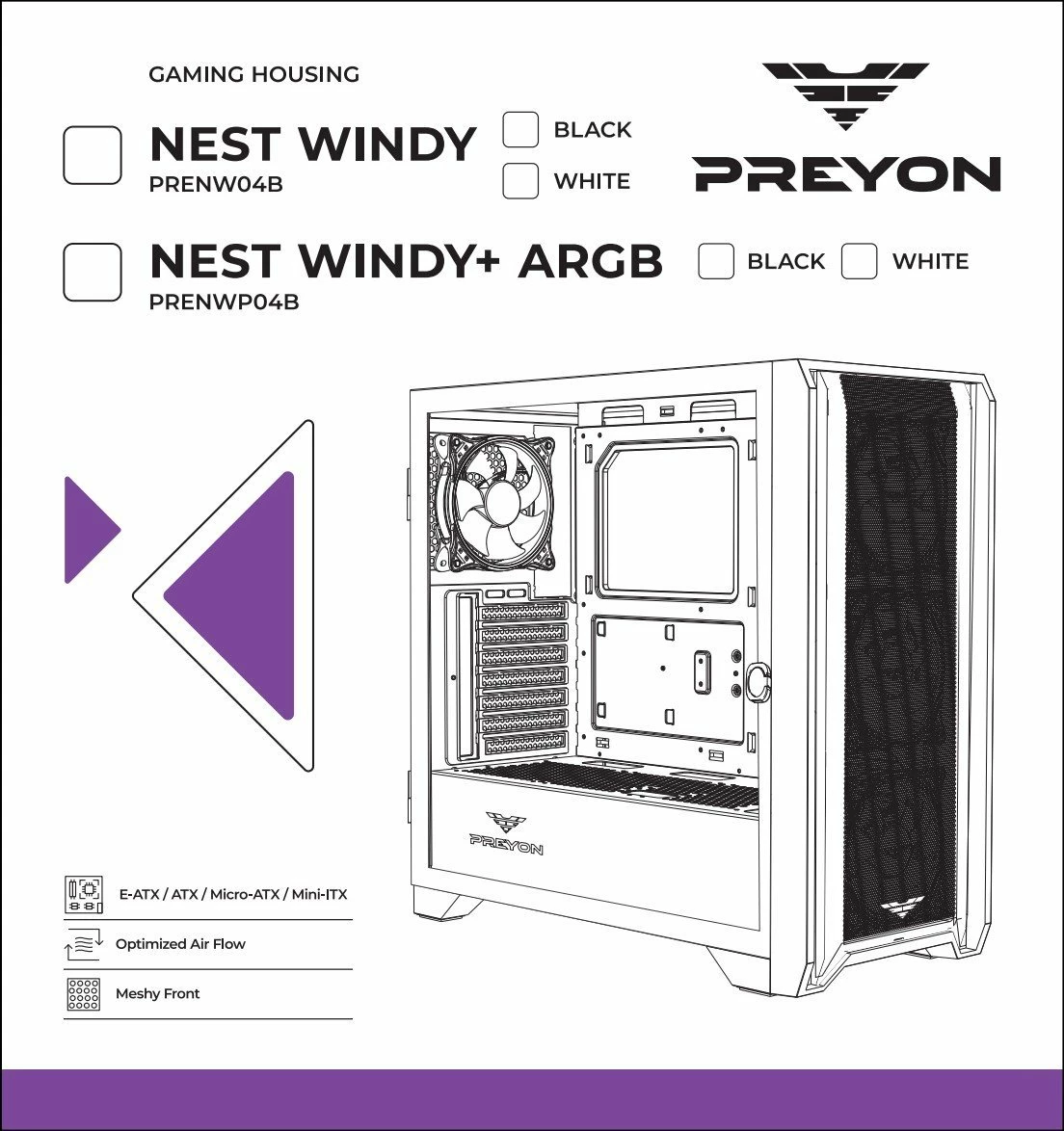 Kasë PREYON Nest Windy+ PRENWP04W Midi Tower ATX, 4x120mm PWM ARGB, USB-C, e bardhë