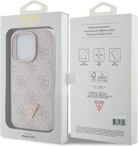 Mbështjellës Guess Leather 4G Triangle Strass për iPhone 15 Pro, Rozë