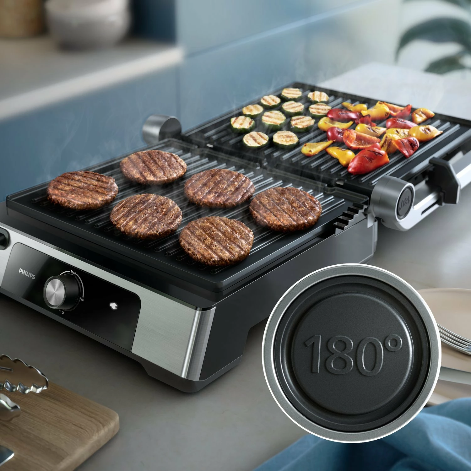 Grill elektrik Philips Series 5000 HD6301/90 2200W, kontakt, 750 cm², pllaka jo-ngjitëse të heqshme, kontroll temperature, me tabaka për yndyrë, zezë/argjendtë, set me 2 pllaka + tabaka