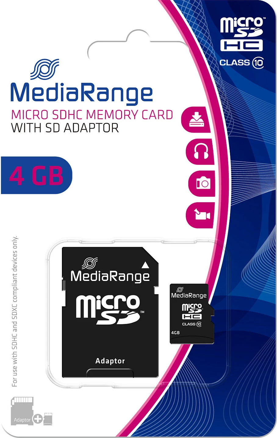 Kartelë memorie microSDHC MediaRange MR956, 4GB, Class 10, me adapter SD, e zezë