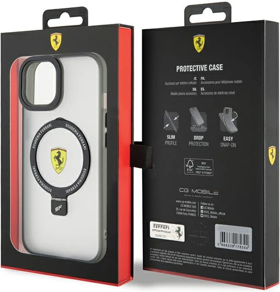 Mbështjellës Ferrari FEHMP15SUSCAK për iPhone 15 6.1", Ring Stand, MagSafe, zi