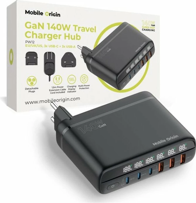 Karikues udhëtimi GaN Mobile Origin PW12 140W, 3x USB-C + 3x USB-A, EU/UK/US, i zi