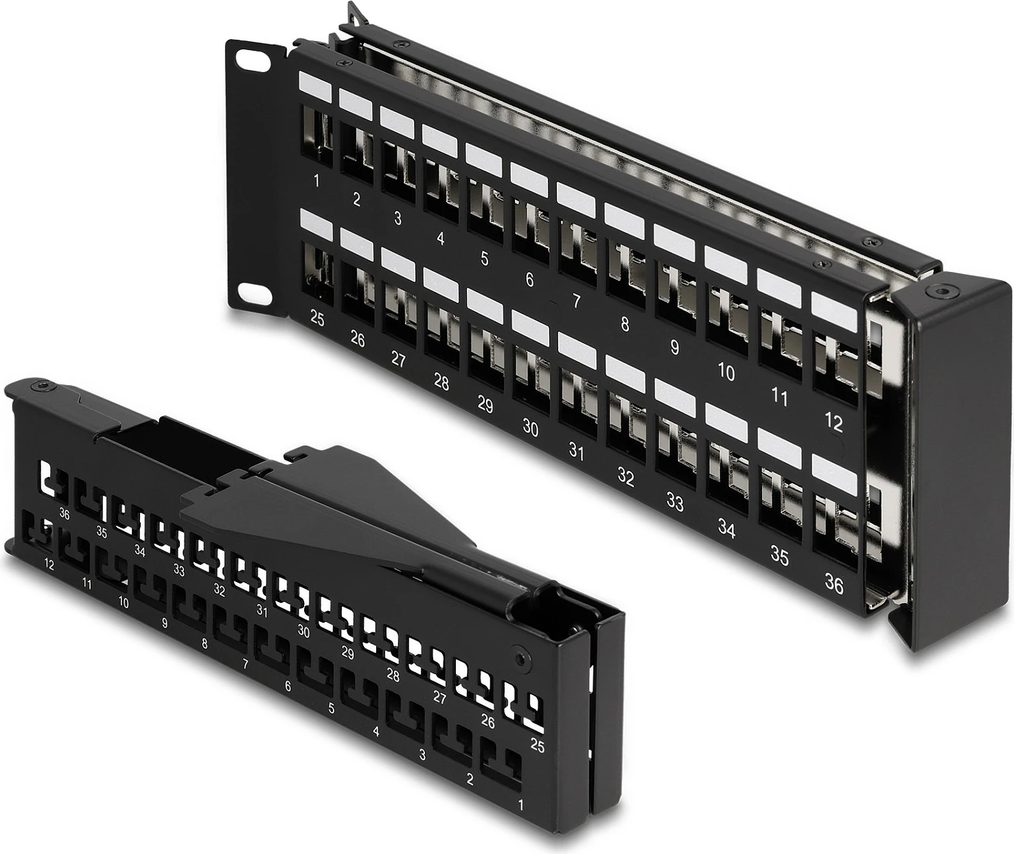 Patch panel DeLOCK 19" Keystone 48 porta, 2U i pjerrët, i zi
