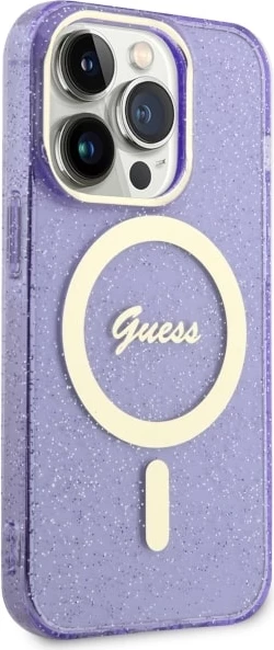 Mbështjellës Guess GUHMP14LHCMCGU për iPhone 14 Pro 6.1", Glitter Gold MagSafe, vjollcë