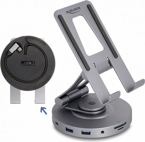 Docking station DeLOCK 4K me mbajtëse, HDMI, LAN, USB-C/USB-A, SD/MicroSD, PD 60W, 360° rrotullues, gri