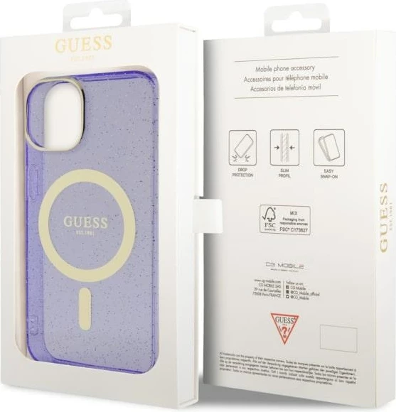 Mbështjellës Guess GUHMP14MHCMCGU për iPhone 14 Plus 6.7", Glitter Gold MagSafe, vjollcë