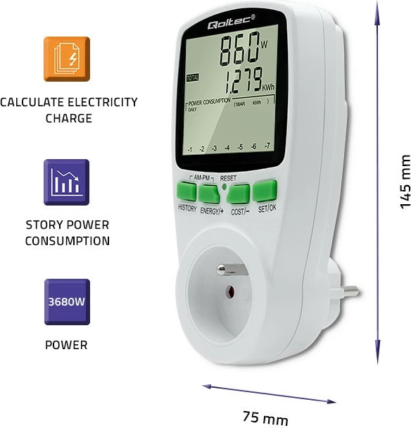 Matës i konsumit të energjisë Qoltec PM0627, 3680W, 16A, LCD, Bardhë