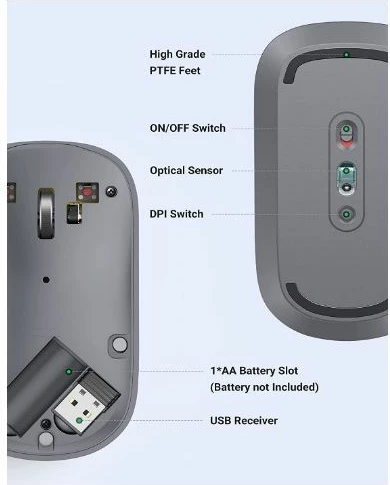 Maus UGREEN 90373 wireless 2.4GHz silent, 4000 DPI, ultra i hollë, Light Gray, me USB receiver, box