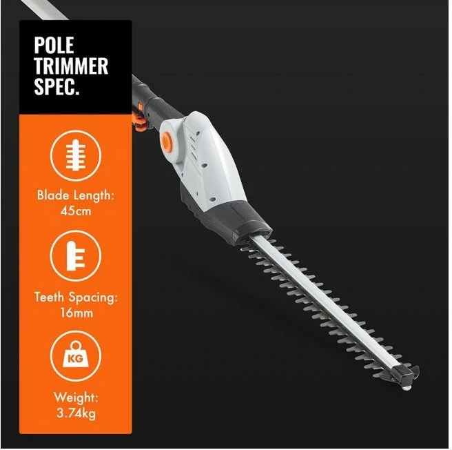 Trimer gardhi me bateri VONHAUS G-Series 2515200, 20V MAX, teh 45 cm, shtyllë teleskopike 2.44 m, set me bateri+karikues+kapak tehu, gri/zi-portokalli