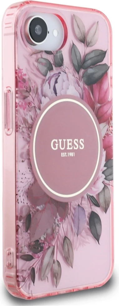 Mbështjellës Guess IML Flowers MagSafe për iPhone 16e, Rozë