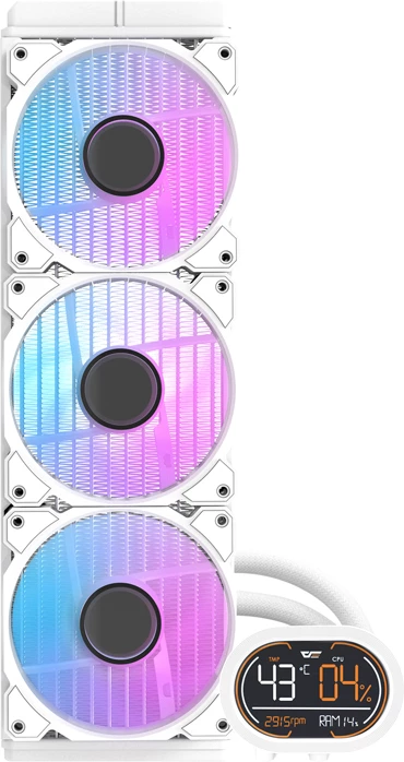 Ftohje me ujë për procesor, Darkflash, DH360D White v2, radiator 360 mm me 3x120 mm PWM, ARGB, ekran i segmentuar, për Intel/AMD, e bardhë