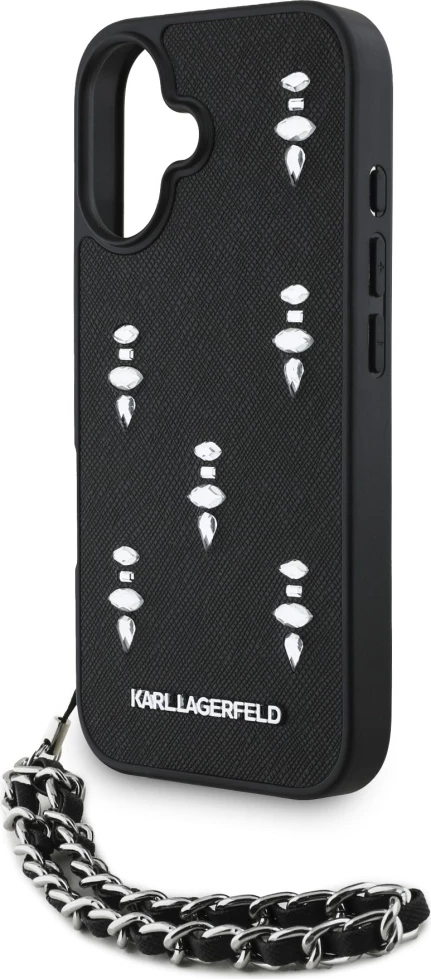 Mbështjellës Karl Lagerfeld Saffiano Crystals me zinxhir për iPhone 16, i zi