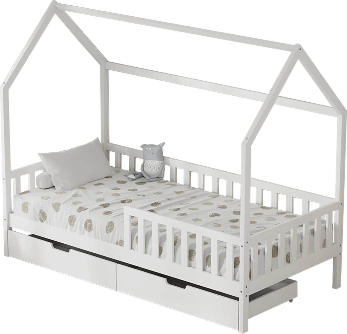 Krevat për fëmijë me sirtarë, stil Montessori, dru i bardhë, PHYLLIS FH724.03, 196x97x161cm