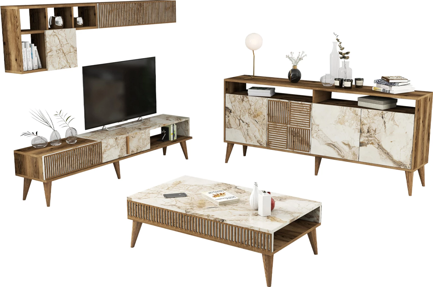 Kompozim dhome ndeje, FH11845.03, 3 pjesë, ngjyrë arre dhe mermer i bardhë