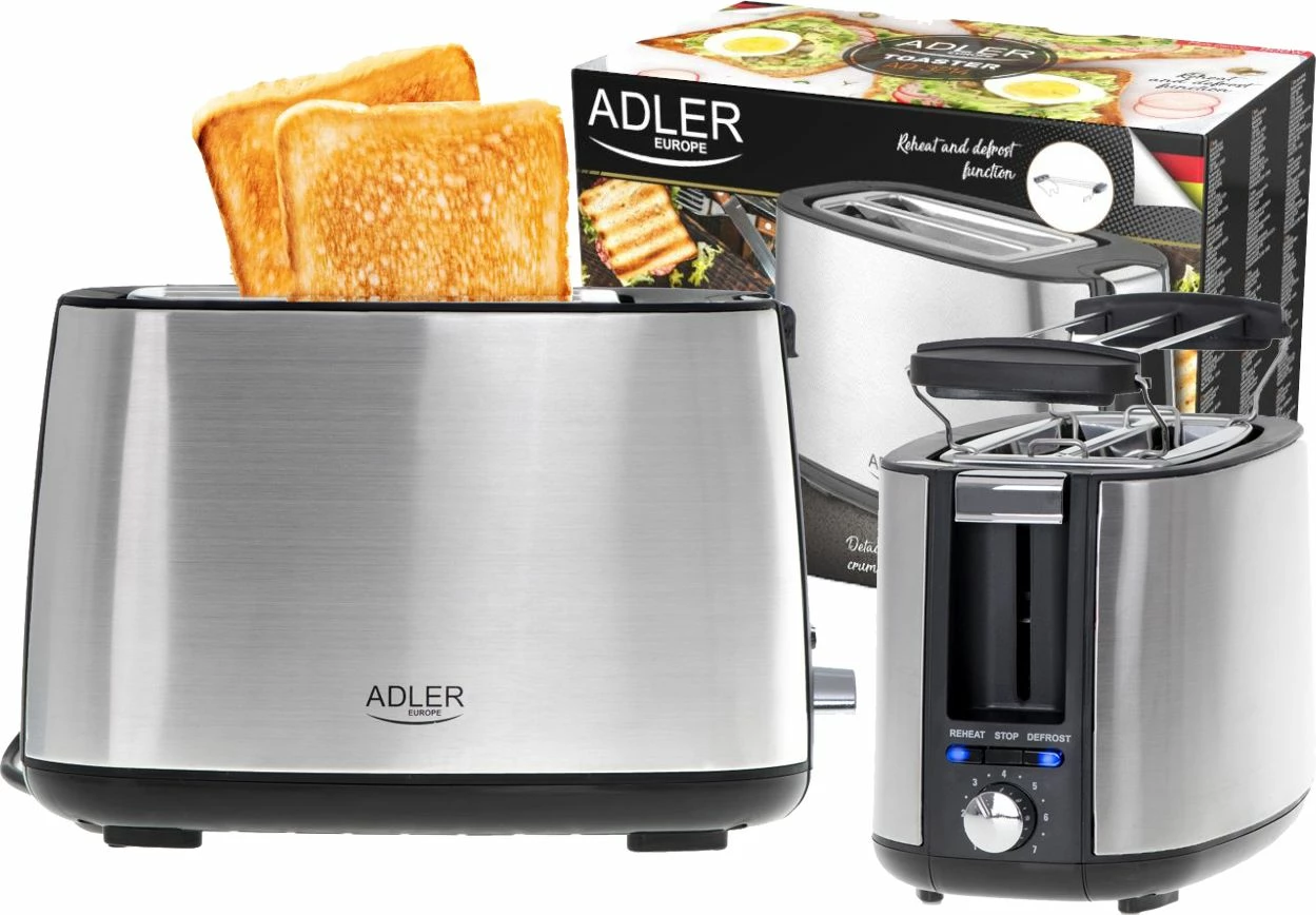 Toster Adler AD 3214, 2 feta, 900 W, inox, argjendtë