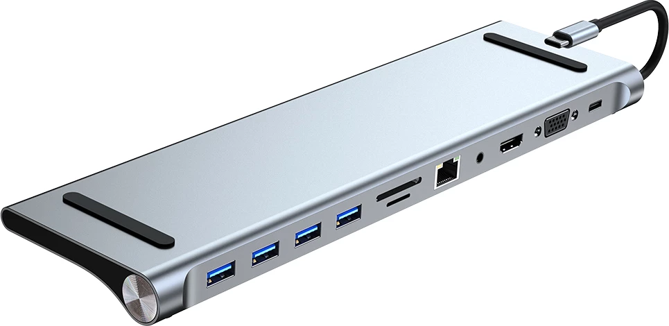 Hub USB-C Moye Core Multiport X11, 4x USB-A, HDMI 4K, RJ45, SD/TF, PD 87W, Argjend