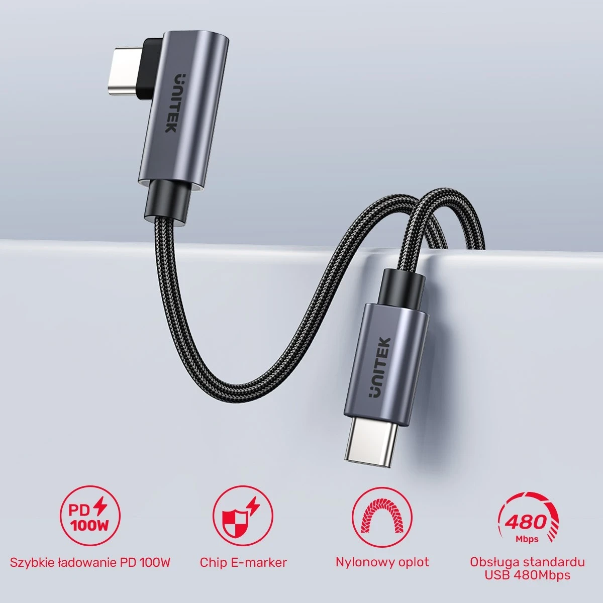 Kabllo Unitek USB-C me kënd 90° PD100W 0,5m, ngjyrë zi-hiri