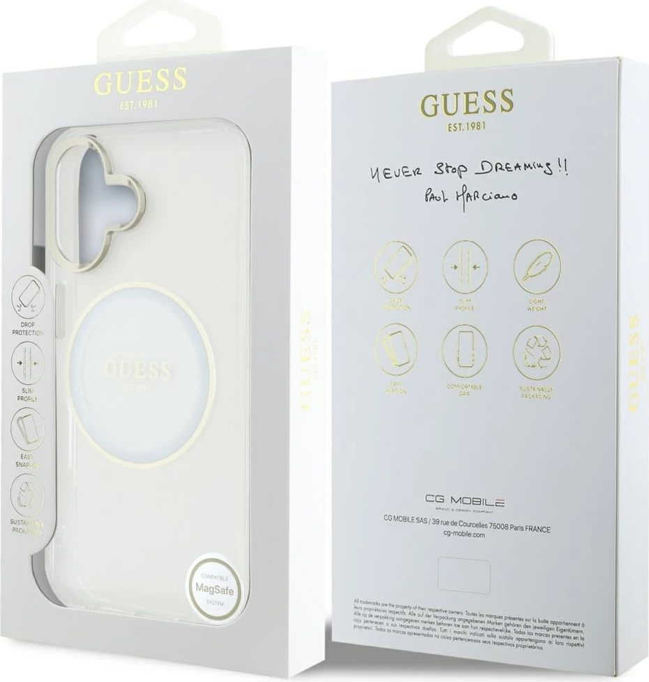 Mbështjellës Guess IML Metal Colored Circle Classic Logo MagSafe për iPhone 16, Bardhë