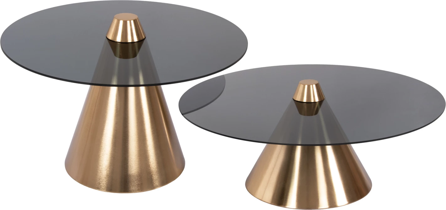 Tavolina kafeje 2 copë, REBEN FH9919, metal, ngjyrë ari-e zezë, sipërfaqe xhami, Φ80 & Φ60 cm