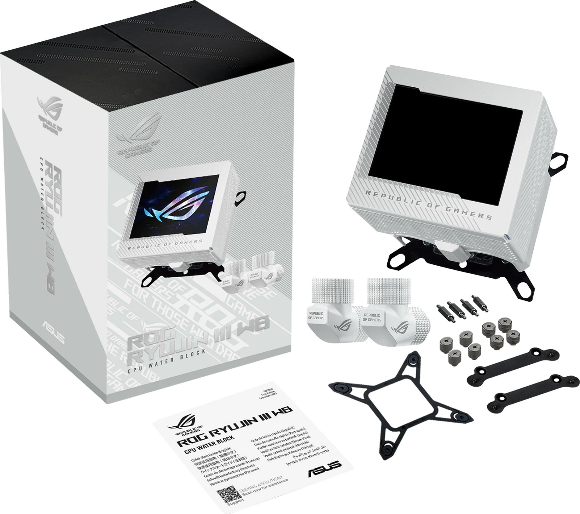 Ftohës uji (waterblock) për CPU ASUS ROG Ryujin III WB, LCD, për Intel/AMD, i bardhë