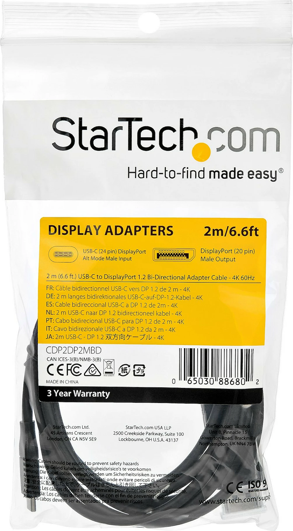 Kabllo USB-C në DisplayPort StarTech CDP2DP2MBD, 2m, 4K@60Hz, HDR, e zezë