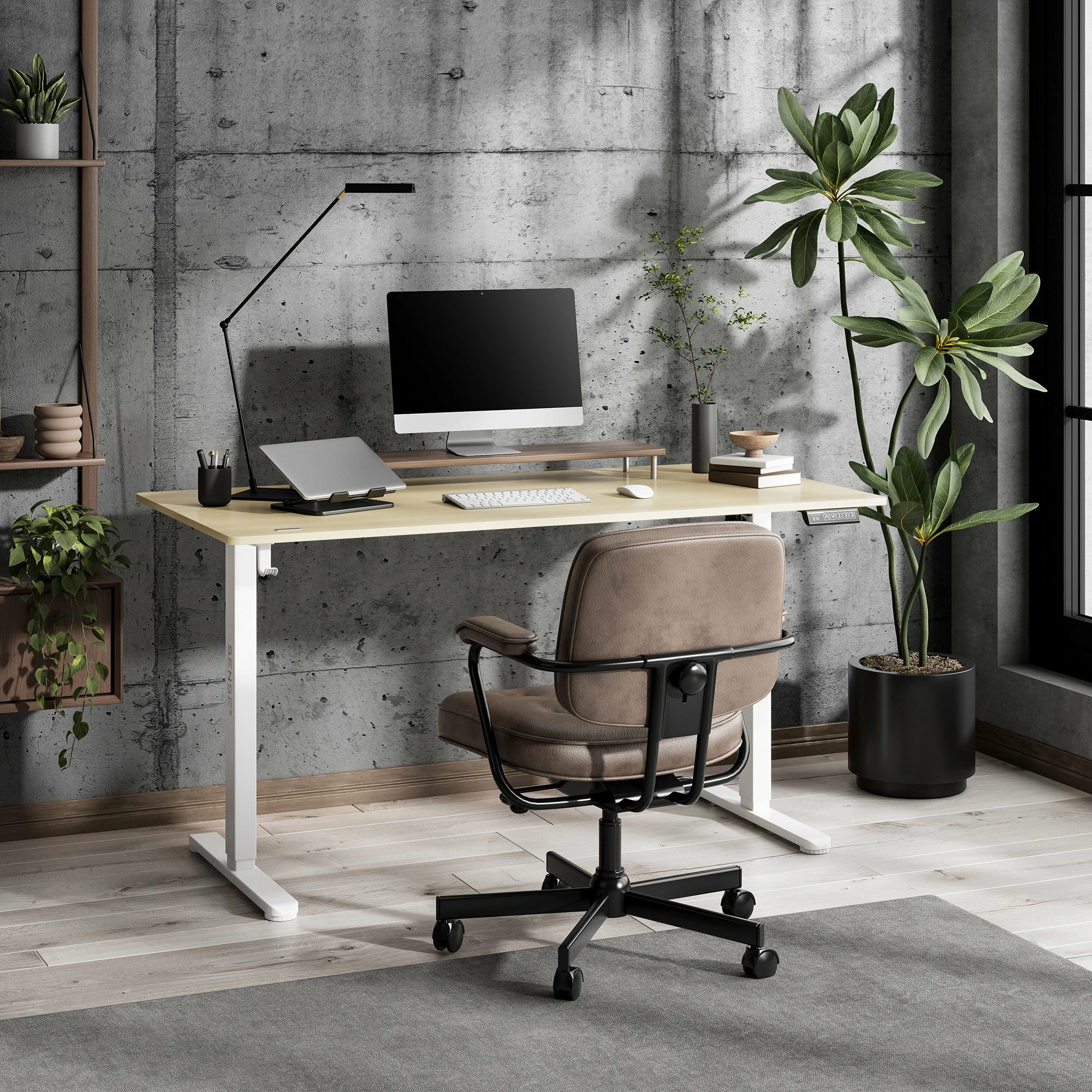Tavolinë zyre/gaming elektrike SENSE7 NOJO LIGHT 140x70 cm, rregullim lartësie 72-118 cm, max 70 kg, kafe e çelët/bardhë, me mbajtëse kufjesh/çantë 2 copë
