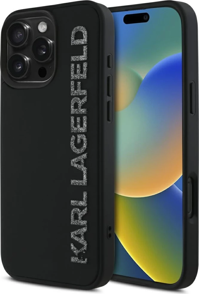 Mbështjellës, Karl Lagerfeld, HC 3D Rubber Elongated Glitter, për iPhone 16 Pro 6.3", hardcase TPU/silikon, zi