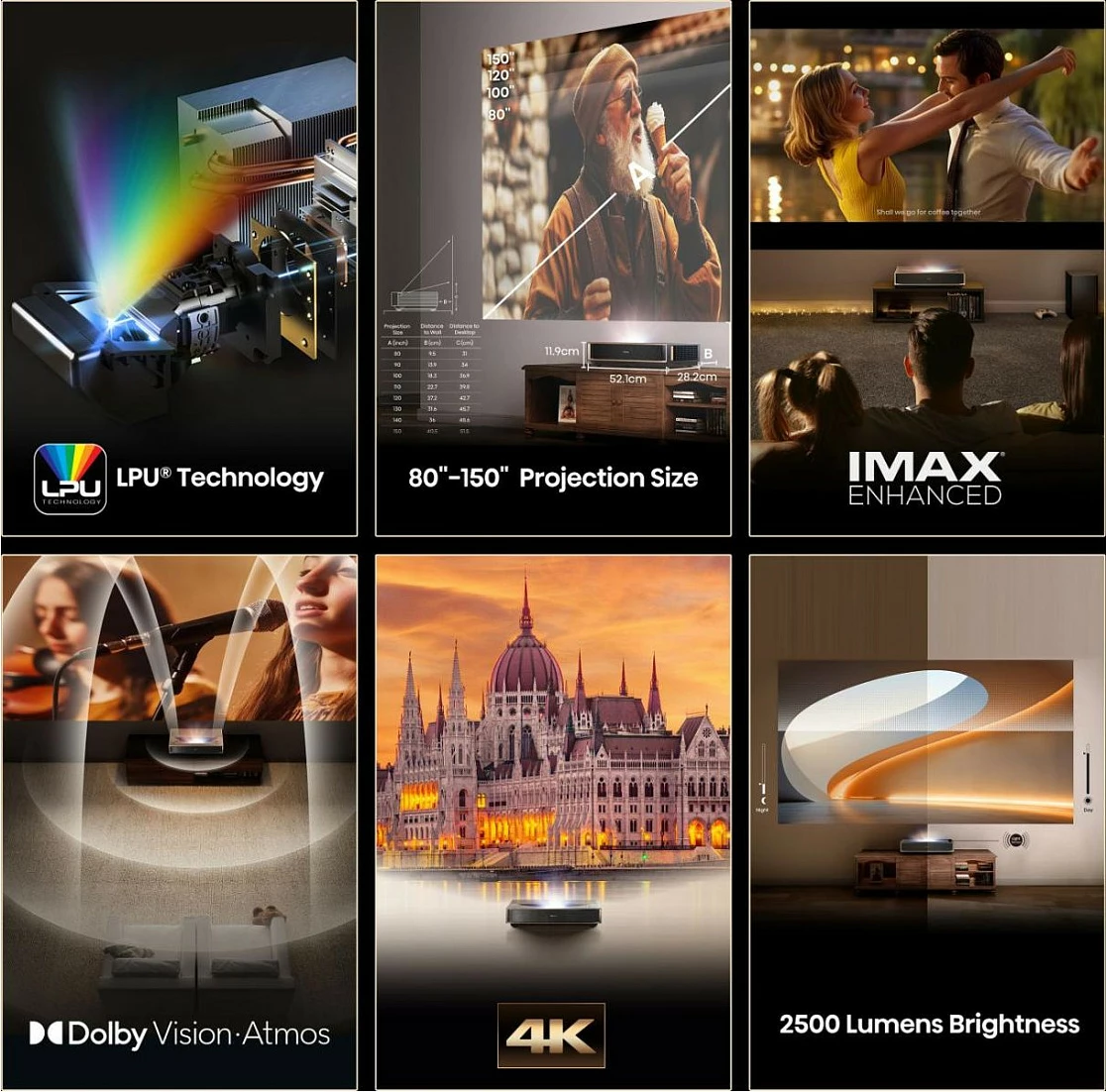Projektor laser Hisense PT1, 4K UHD, Smart VIDAA, HDR, Dolby Atmos, HDMI 2.1, WiFi, 80-150", ngjyrë e zezë me bronz