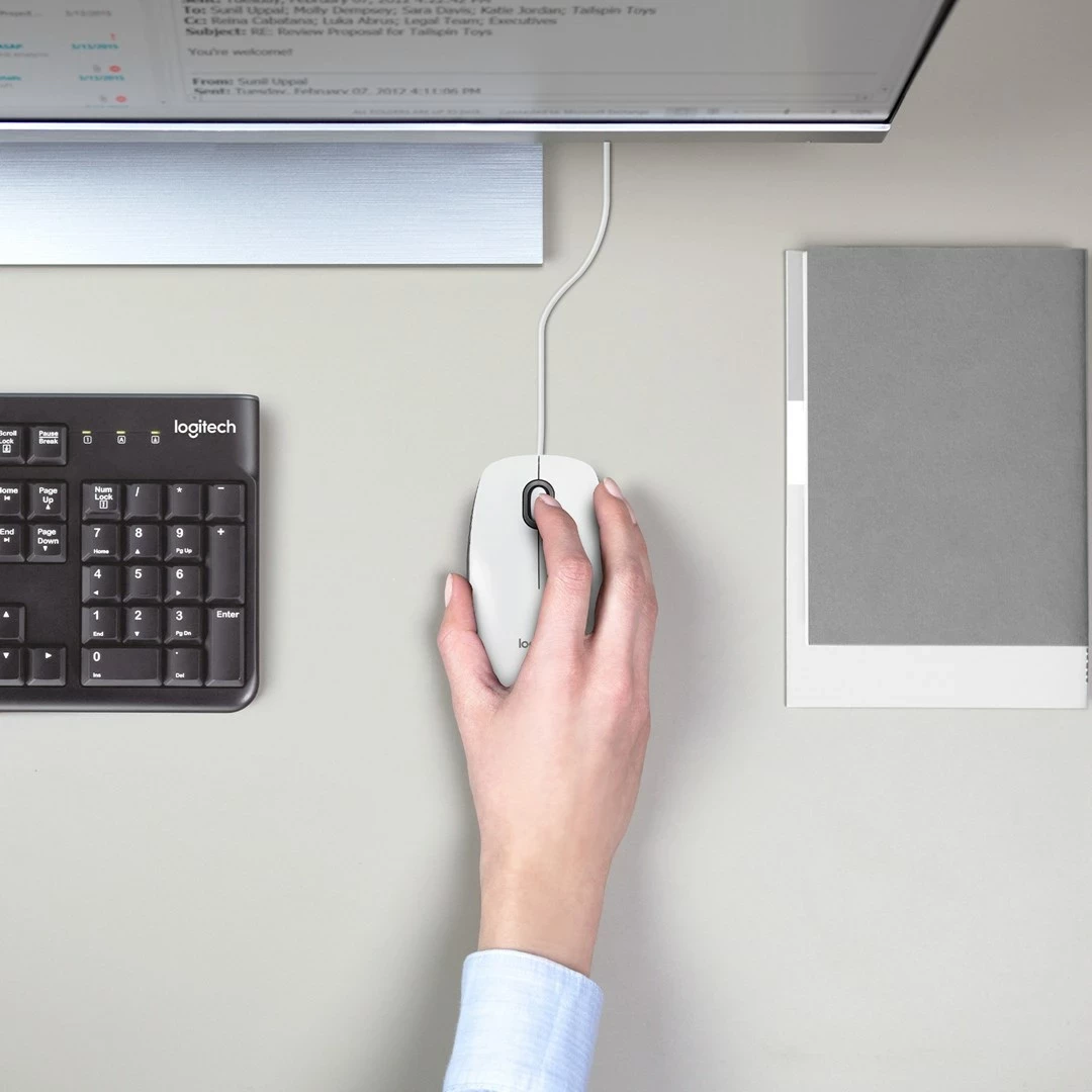 Maus Logitech M100, me kabllo, USB, i bardhë