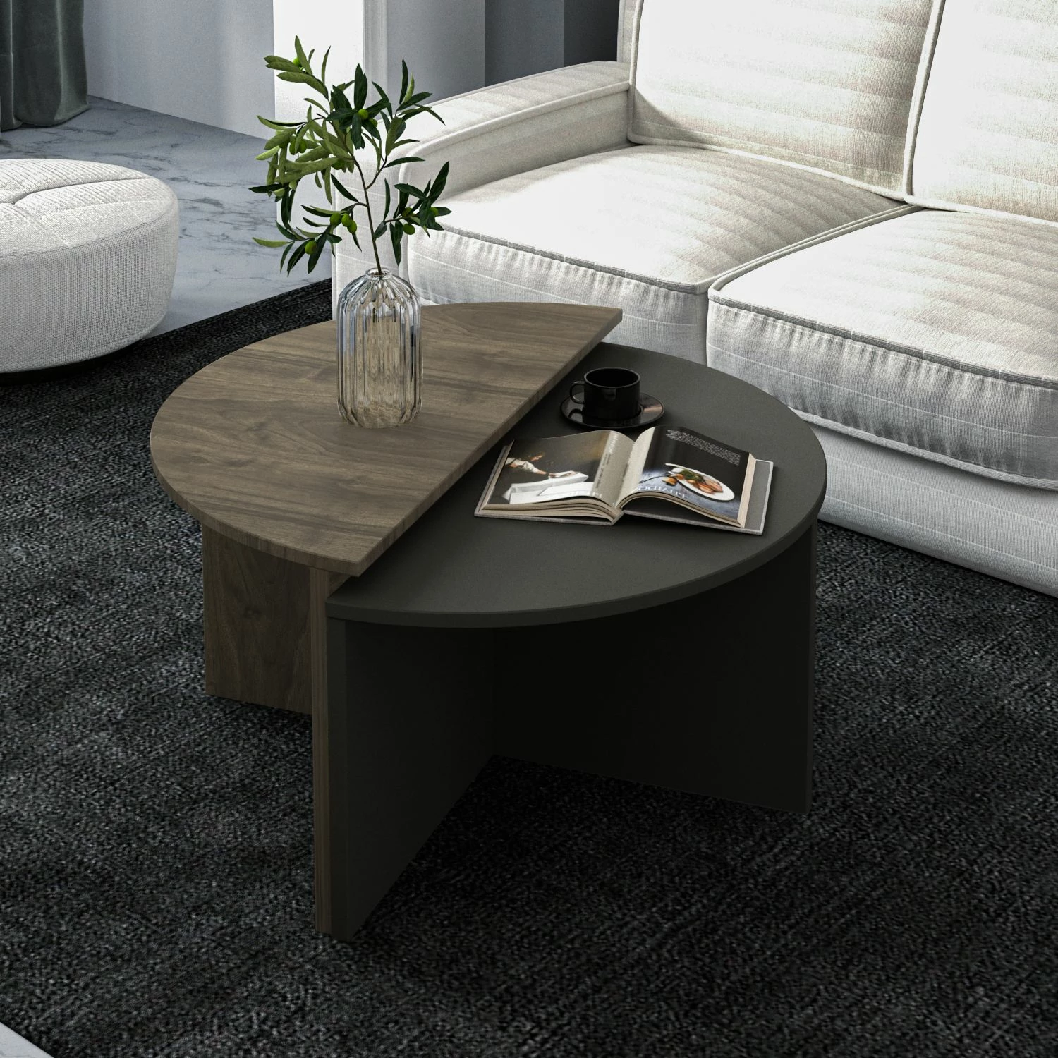 Set tavolinash kafeje Skye Decor, Dolunay, ngjyrë arre dhe antracit