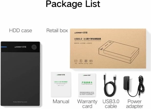 Kasë për HDD/SSD 3.5" UGREEN 50422, USB 3.0 në SATA, UASP, deri 16TB, e zezë, set me kabllo 1m dhe adaptor 12V/2A