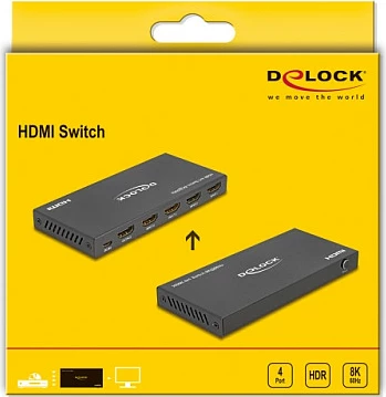 Switch HDMI DeLOCK 4x HDMI In në 1x HDMI Out, 8K 60Hz, 48 Gbit/s, metal, i zi