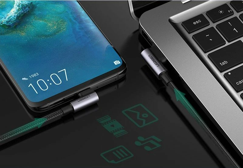 Kabllo USB-A - USB-C Ugreen 63791 2 m QC3.0 3A këndore, Gri